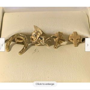 (4) 14k Yellow Gold Single Stud Earrings Horseshoe Cross Cherub